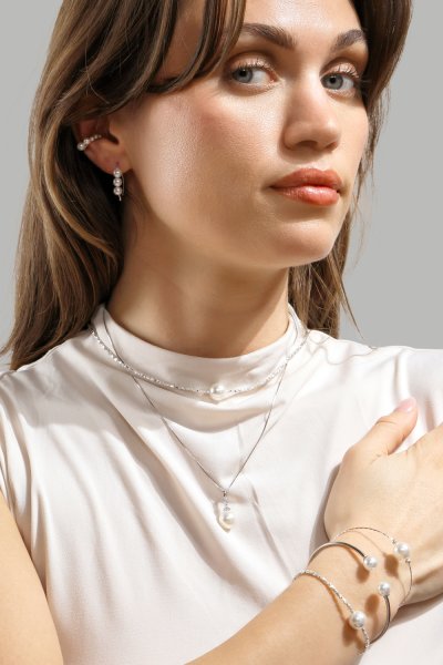 Pearl End Cuff Bracelet - Verzilverd